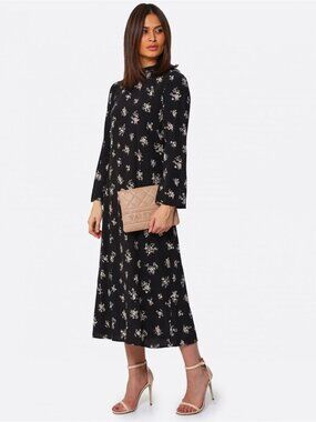 RIXO Selena Black Ditsy Bunch Floral Long Sleeve A-Line Midi Dress, Size XS